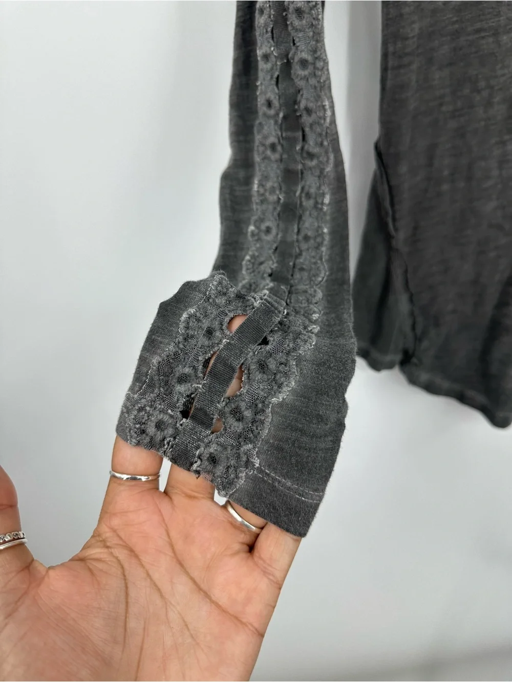 Free People Gray Henley Long Sleeve Cut Out Shirt Size Small Boho